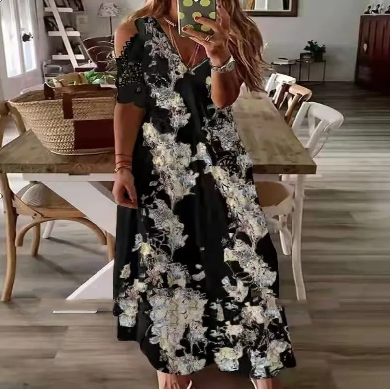 Women's Summer Floral Short Sleeve Printed Bohemian Dress - Black
