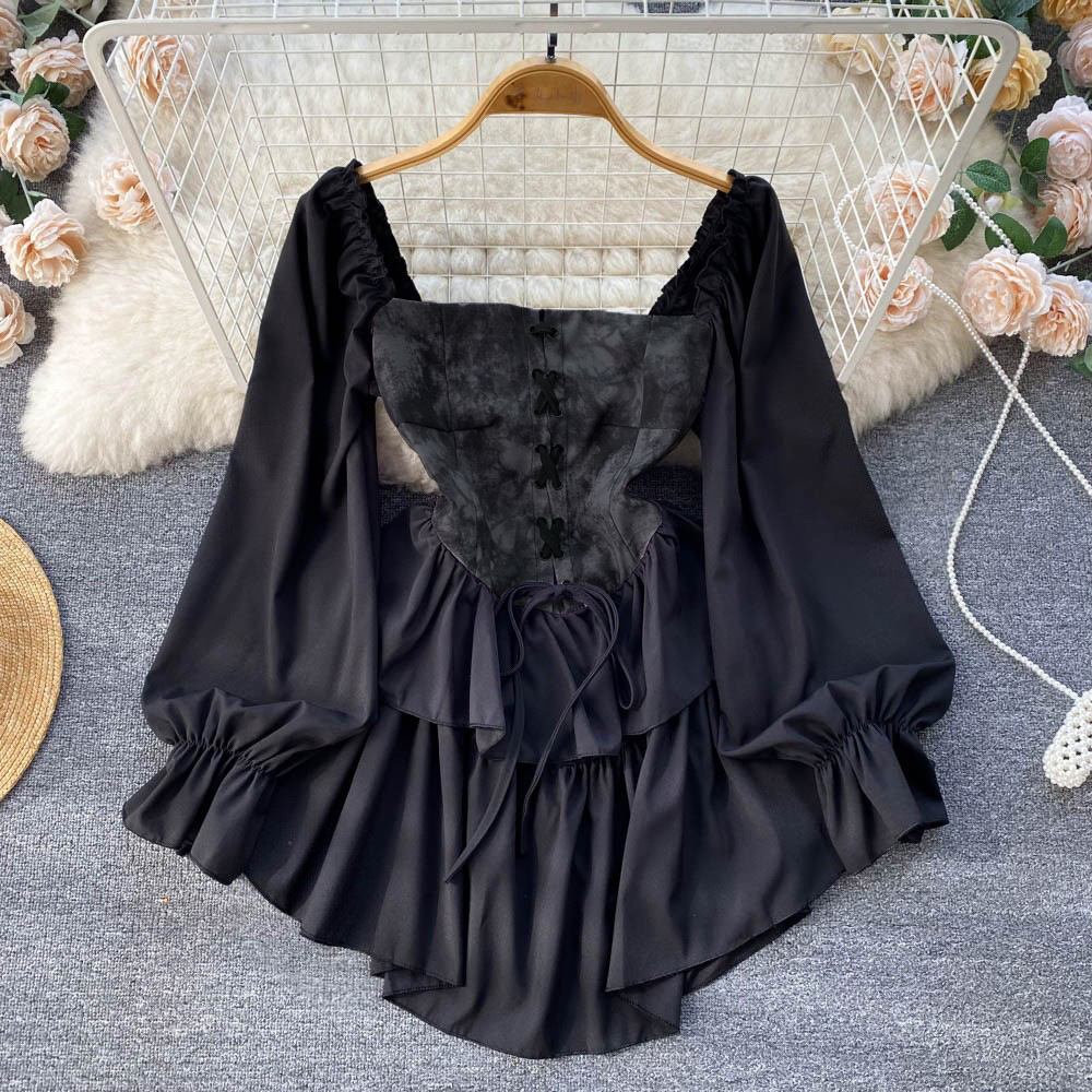 New Square neck Retro One shoulder Tie dye Court style Ruffled Dress Black - Shop at LoveMi