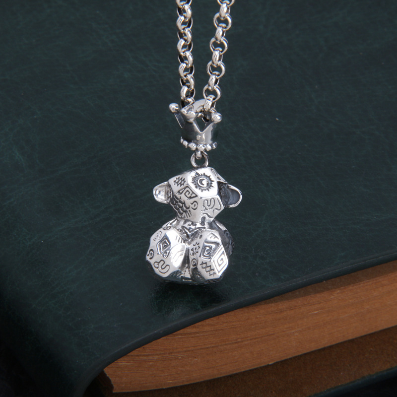 S925 Sterling Silver Letter Graffiti Geometric Cut Bear Pendant
