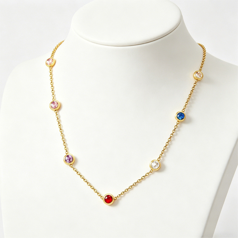 Fashionable And Minimalist Mixed-color Round-diamond Pendant Stainless Steel Necklace
