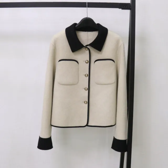 Korean style Wool Coat With Color blocking Casual Woolen Top Beige - Shop at LoveMi