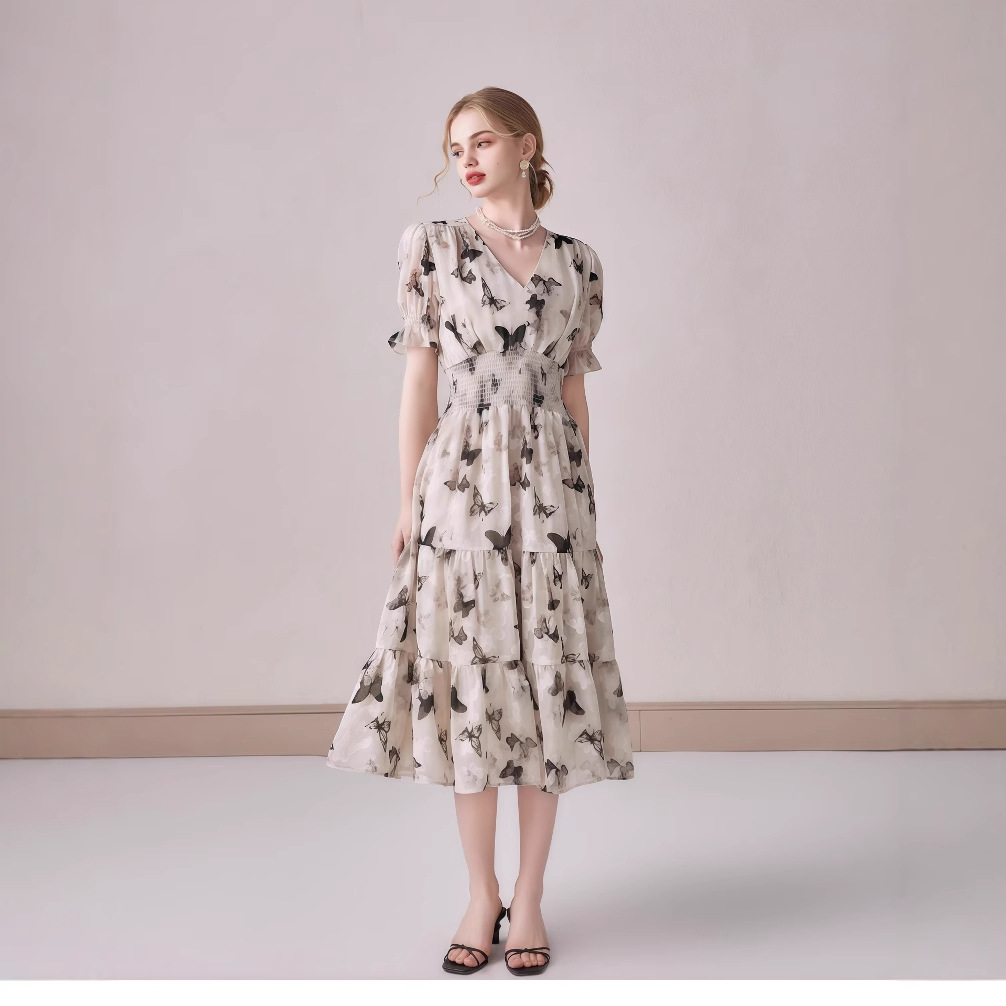 V neck Puffed sleeve Floral print Midi Dress Camel Brown - Shop at LoveMi