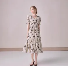 V-neck Puffed-sleeve Floral-print Midi Dress - Camel - View 1