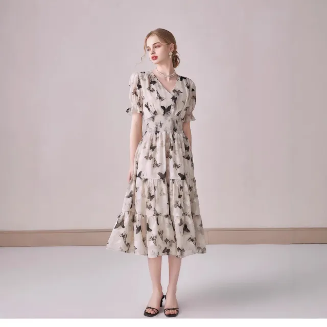 V neck Puffed sleeve Floral print Midi Dress Camel - Shop at LoveMi