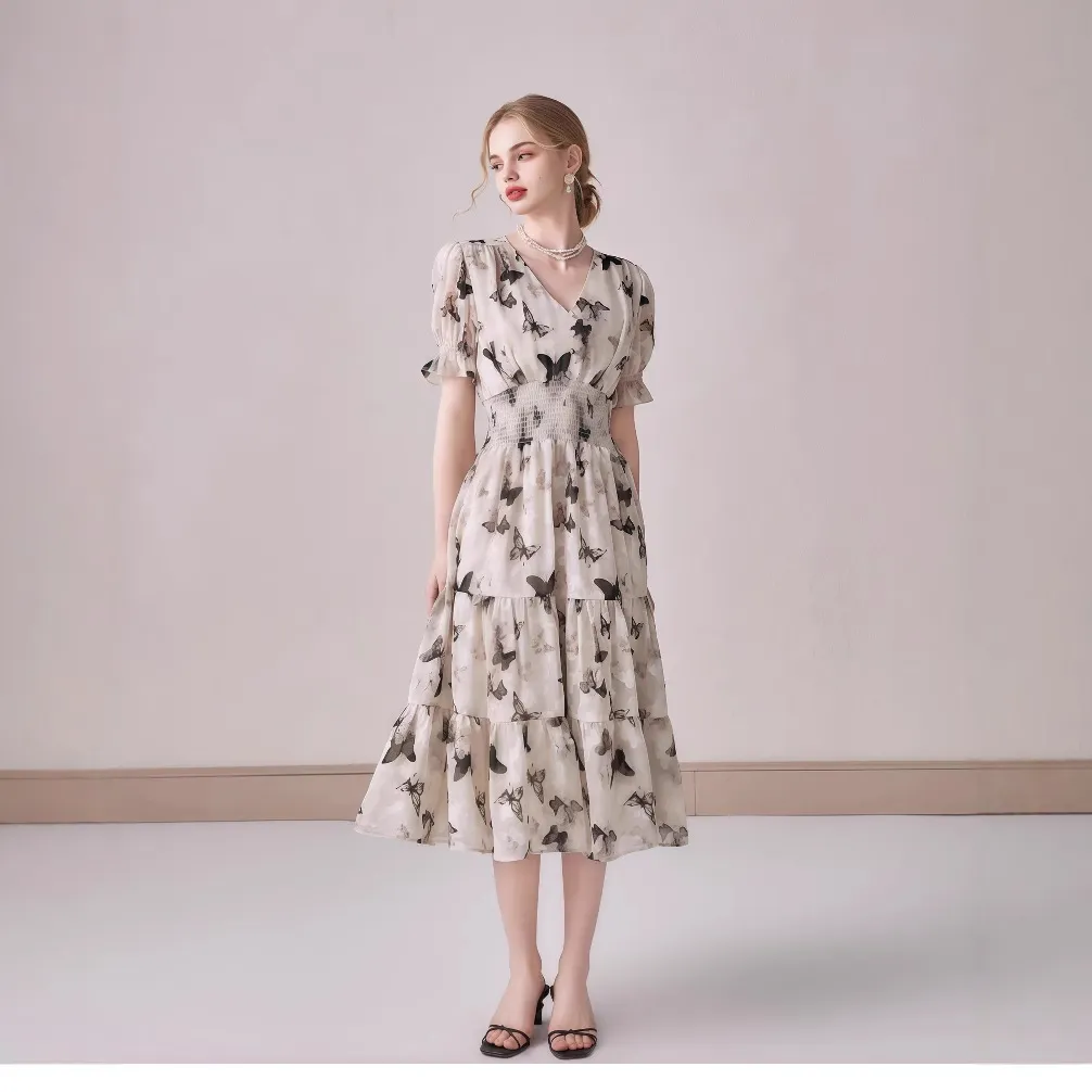 V-neck Puffed-sleeve Floral-print Midi Dress - Camel