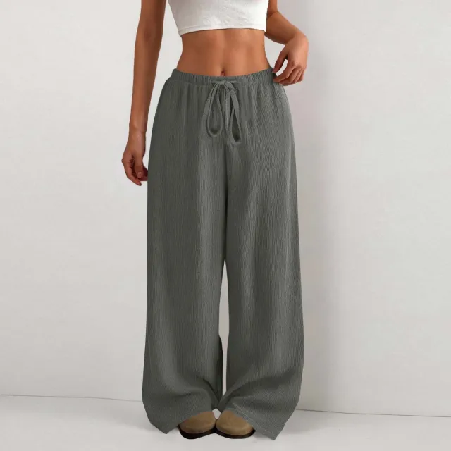 Women's Solid Color Loose Wrinkle Waist Drawstring Wide Leg Casual Trousers Dark Gray - Shop at LoveMi