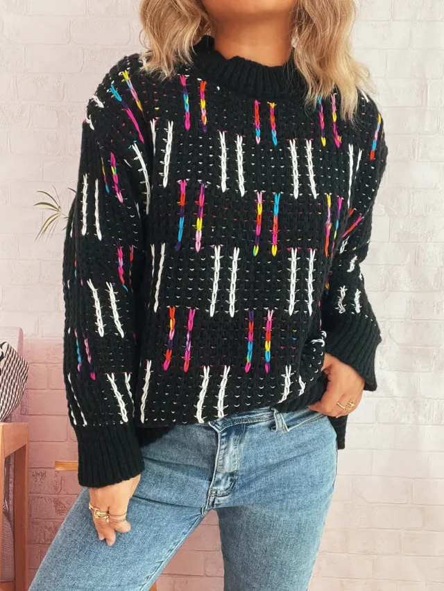 Contrast Color Cute Style Knitted Pullover Sweater For Women Black - Shop at LoveMi