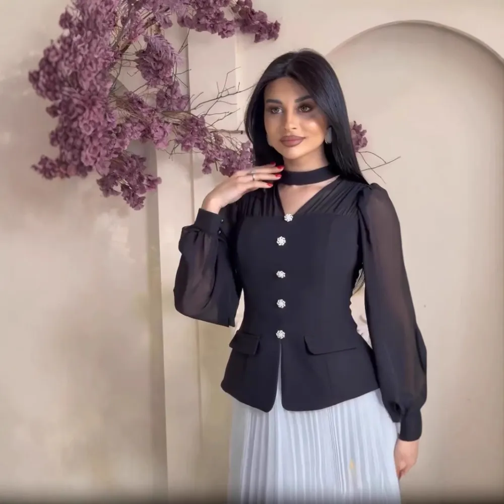 Pleated Suit Button Mesh Stitching Long Dress Gift Set