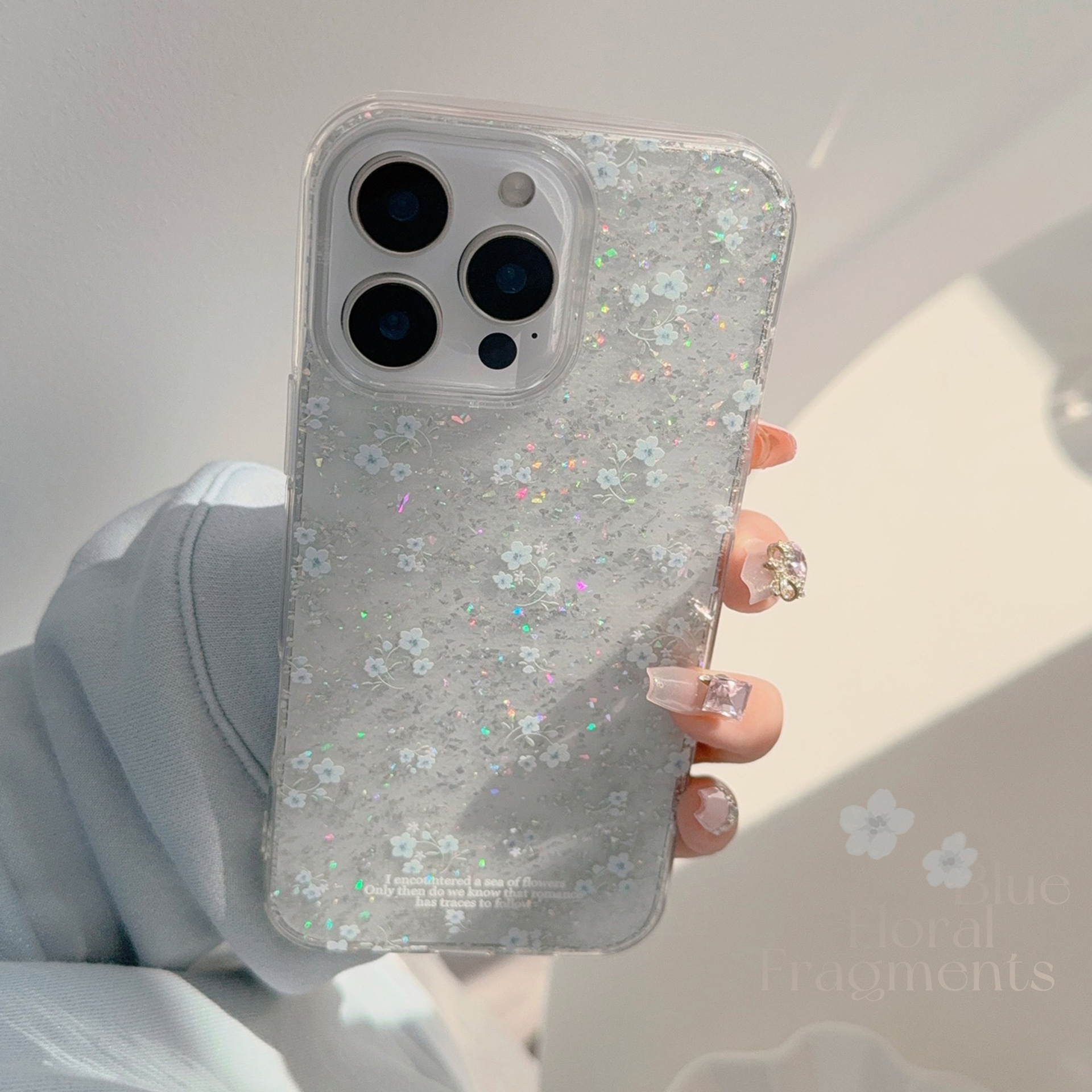 Soft Blue Floral Phone Case With Shimmering Glitter