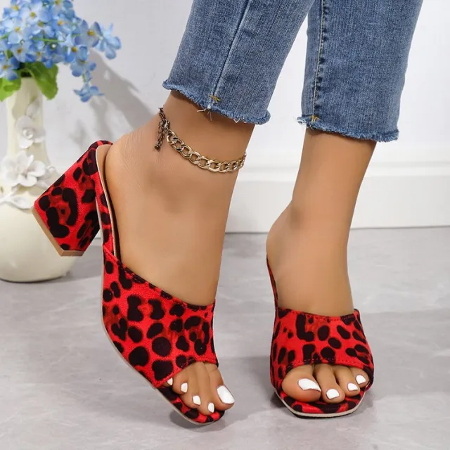 Leopard Square Toe Sandals Summer High heeled Slippers Chunky Heel Shoes For Women Red - Shop at LoveMi