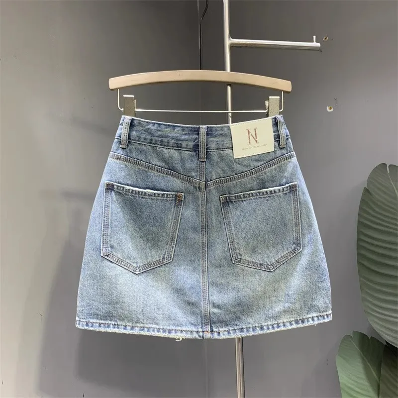Women's Fashionable Washed Denim Skirt Simple Graceful Versatile Hip Skirt Niche A- Line Skirt - Blue