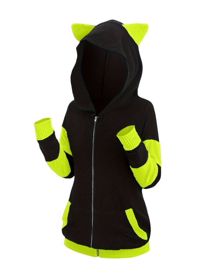 Women's Thickened Cat Ear Zipper Color Stitching Hoodie