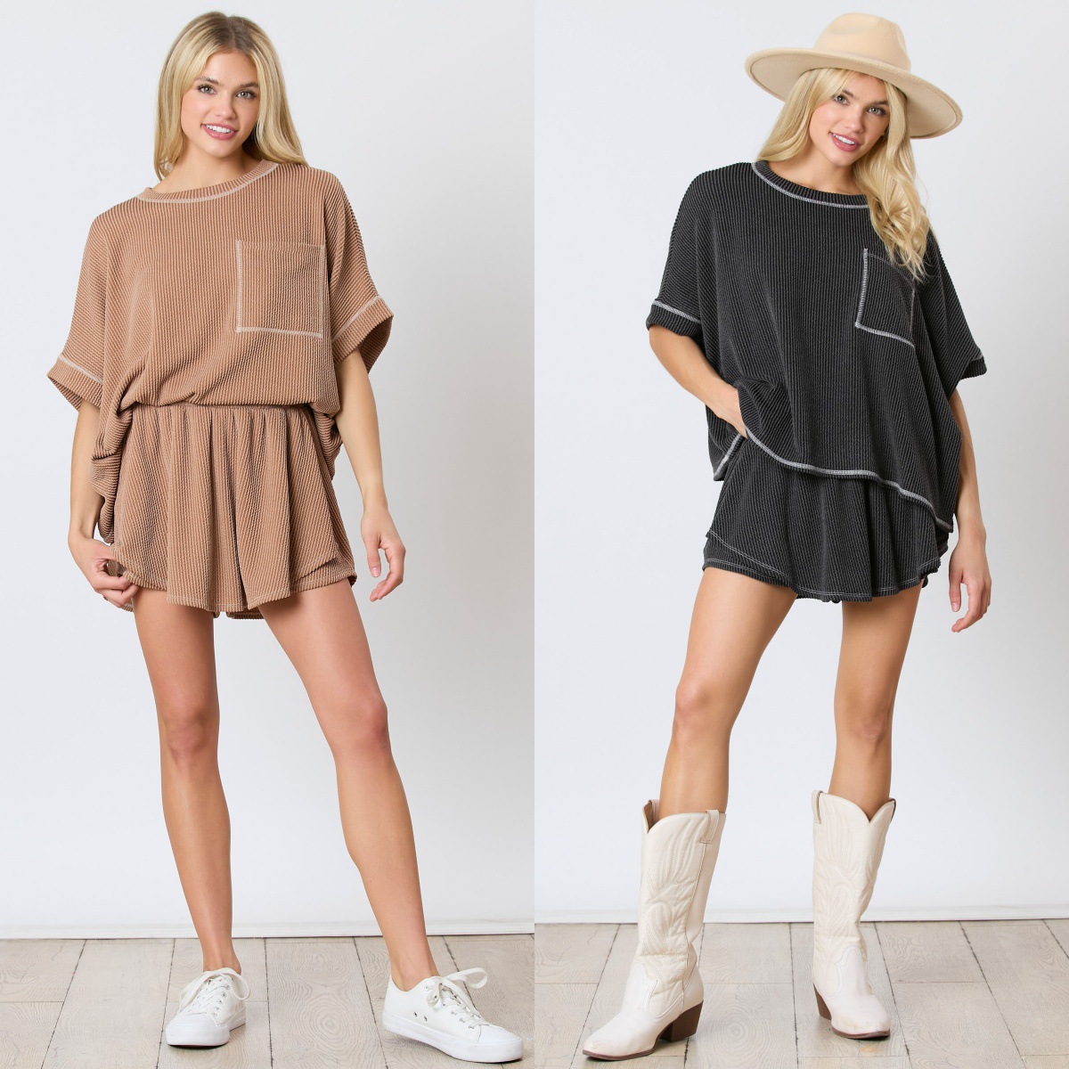 Short Sleeve Two-piece Thread Knitted Round Neck Homewear
