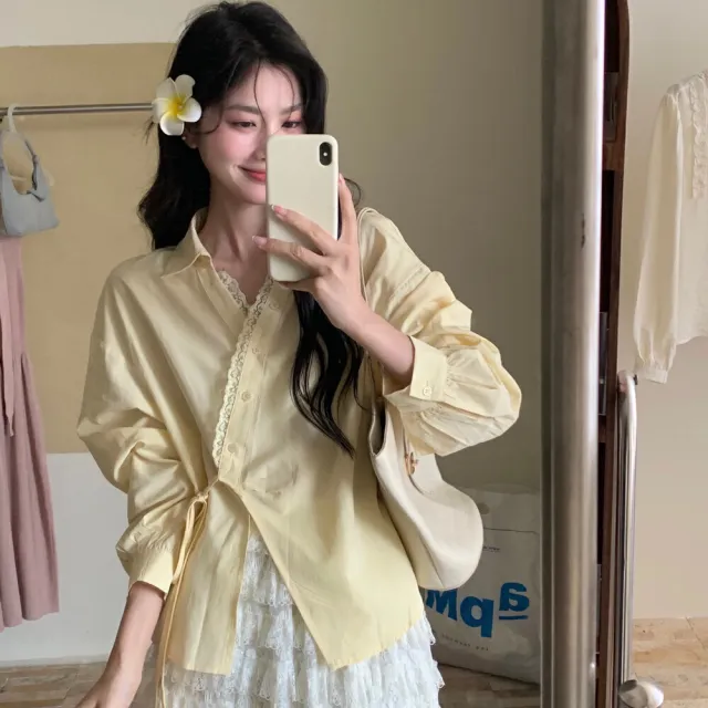 Womens Solid Color Korean Style French Elegance Lace Trimmed Shirt Yellow - Shop at LoveMi