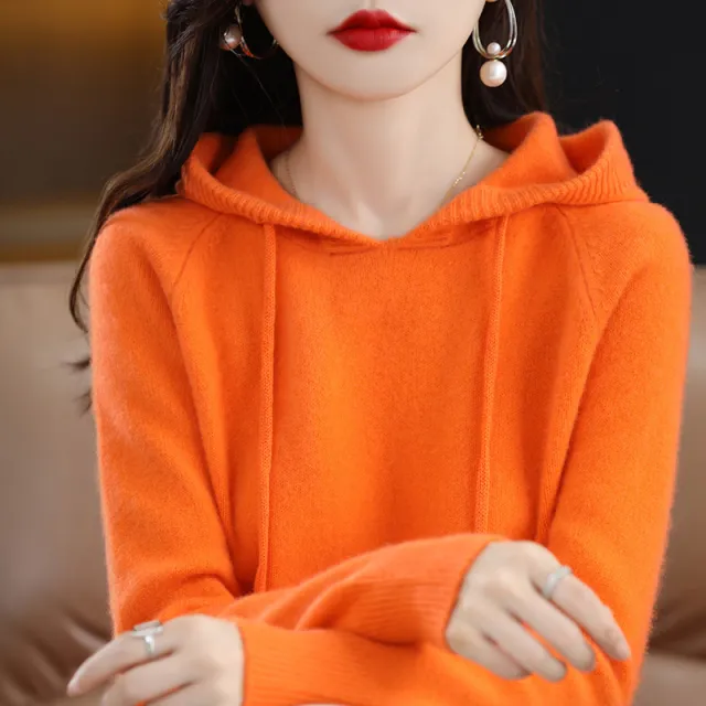 Loose Drawstring Casual Pullover Solid Color Outerwear Hooded Knitted Hoodie Orange - Shop at LoveMi