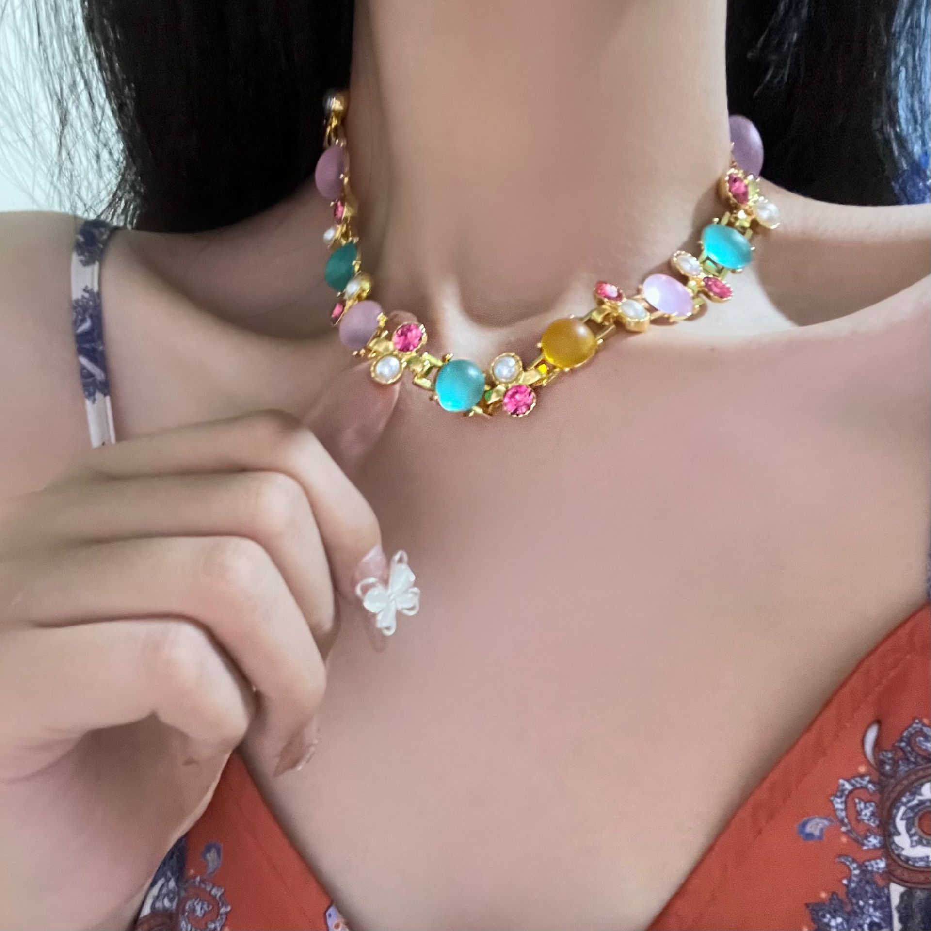 Contrast Colored Glaze Tortoise Zircon Necklace And Earring Suit