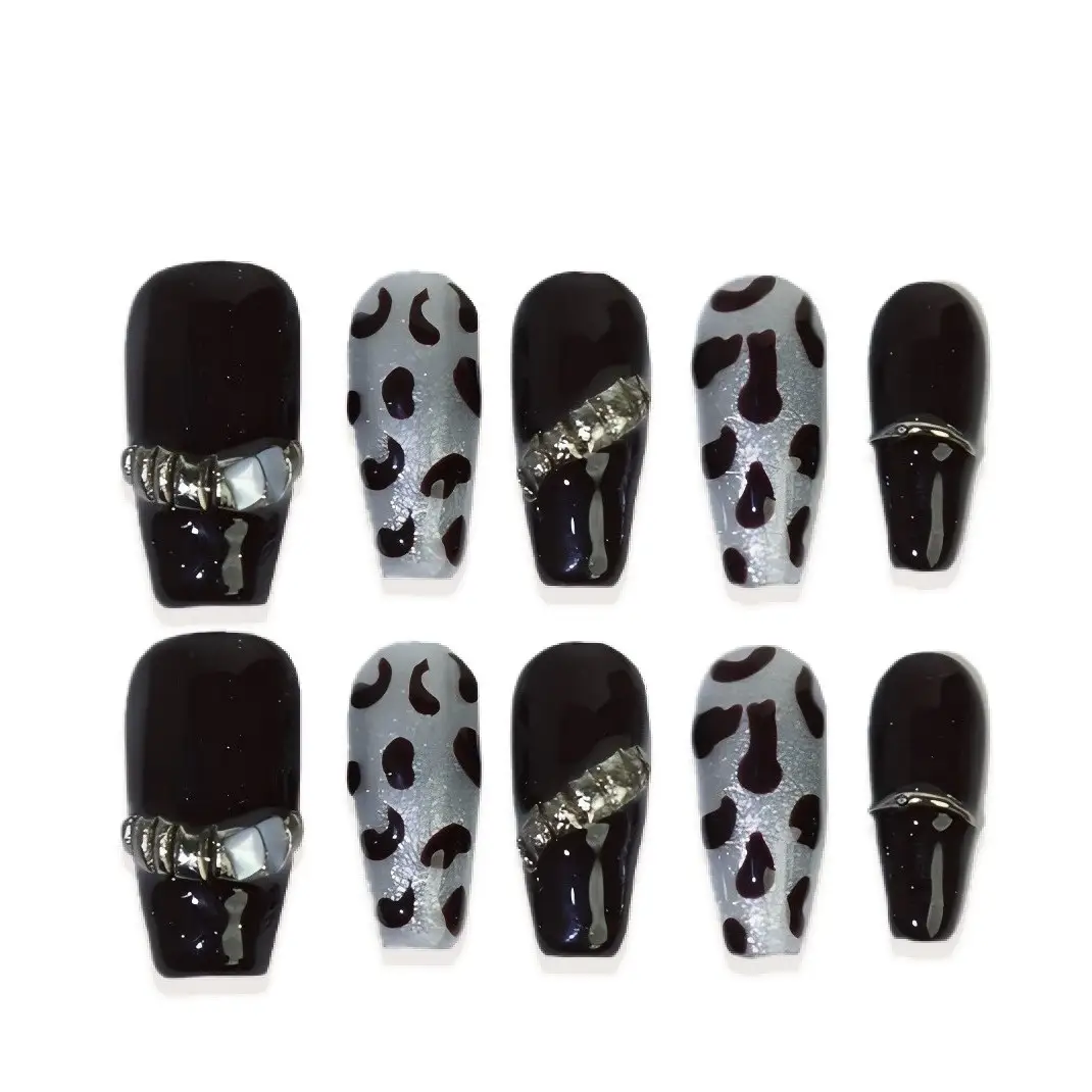 Cross-border European And American Style Short Retro Jump Color Leopard Print Metallic T-shaped Wear Armor Finished Nail Beauty 10 Pieces Wholesale