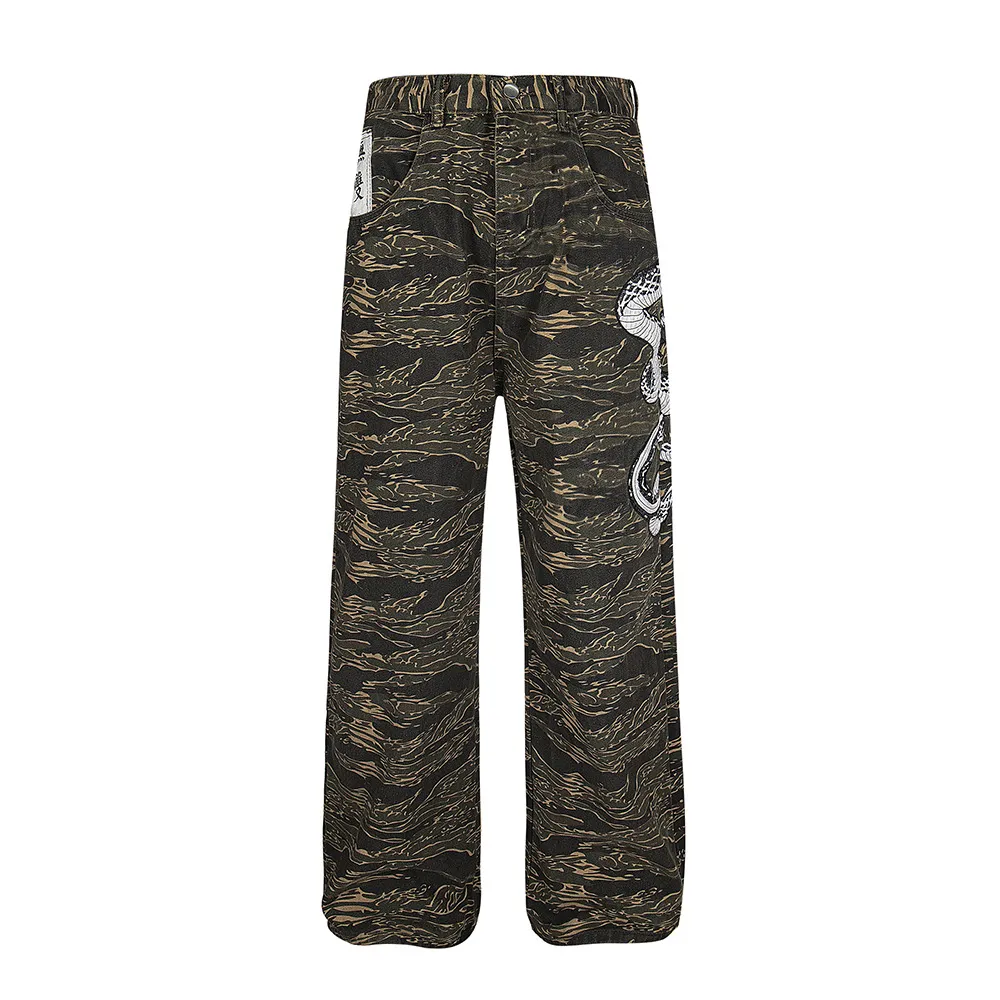 Casual All-match Camouflage Snake Year Limit Denim Paratrooper Pants - Brown