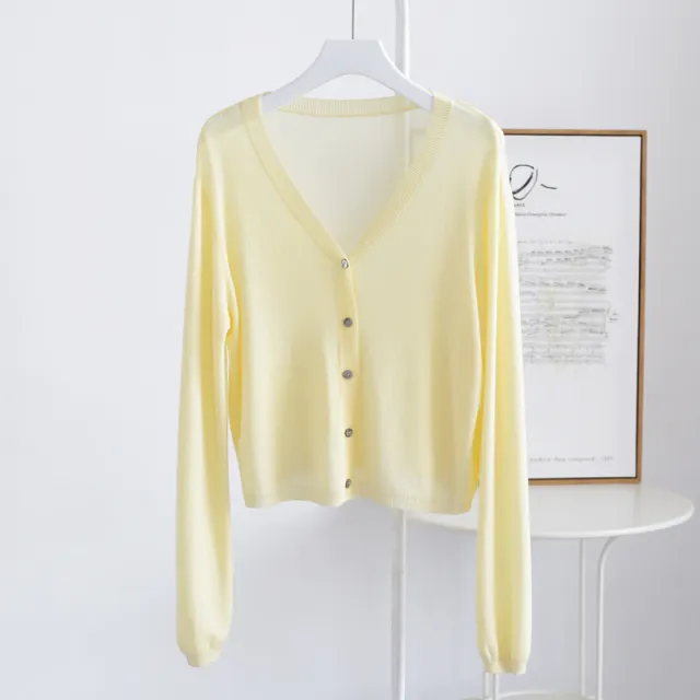 Spring And Summer V neck Short Tencel Knitted Cardigan Pure Color All matching Yellow - Shop at LoveMi