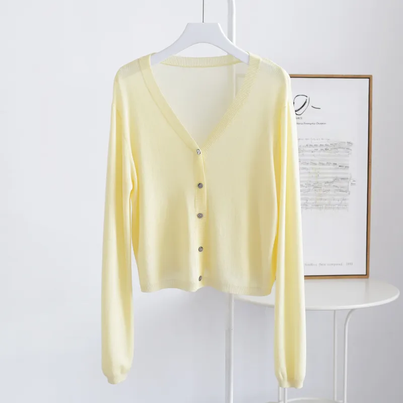 Spring And Summer V-neck Short Tencel Knitted Cardigan Pure Color All-matching - Yellow