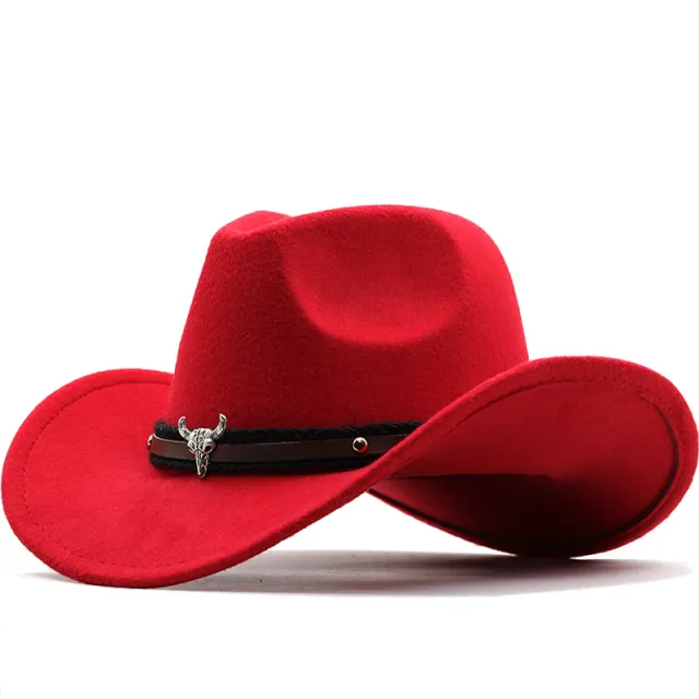 Metal Bull Head Label Western Denim Top Woolen Fedora Hat 10 Bright Red - Shop at LoveMi