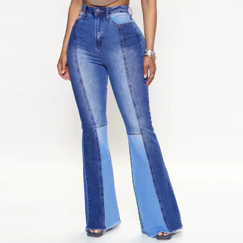 Women's Contrast Color High Waist Wash Fashion Flared Jeans - Blue