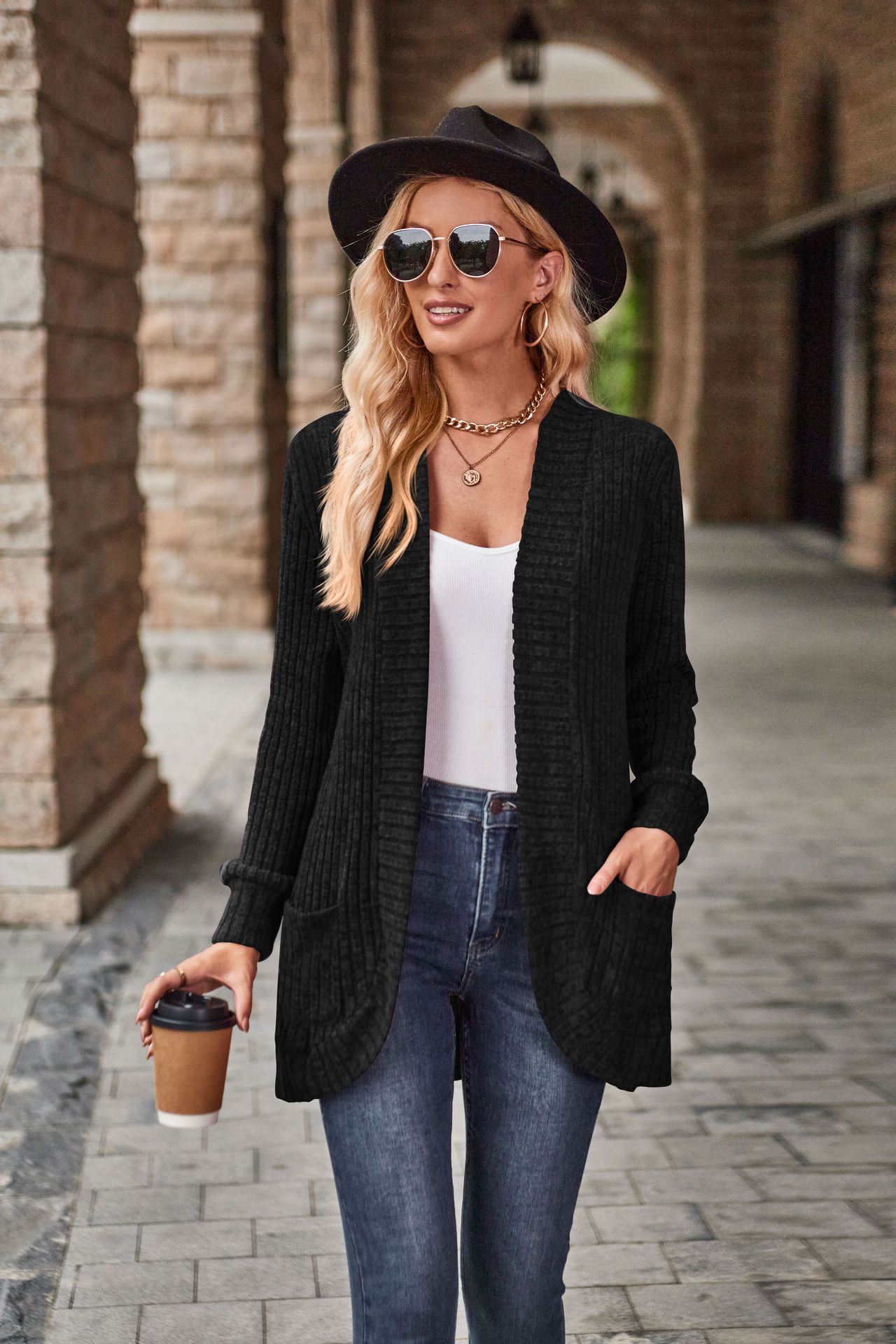 Women's Hollow Striped Brushed Cardigan Jacket