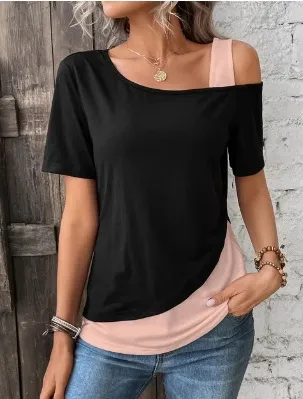 Fashionable Asymmetric Collar Off the shoulder Stitching T shirt Pink - Shop at LoveMi