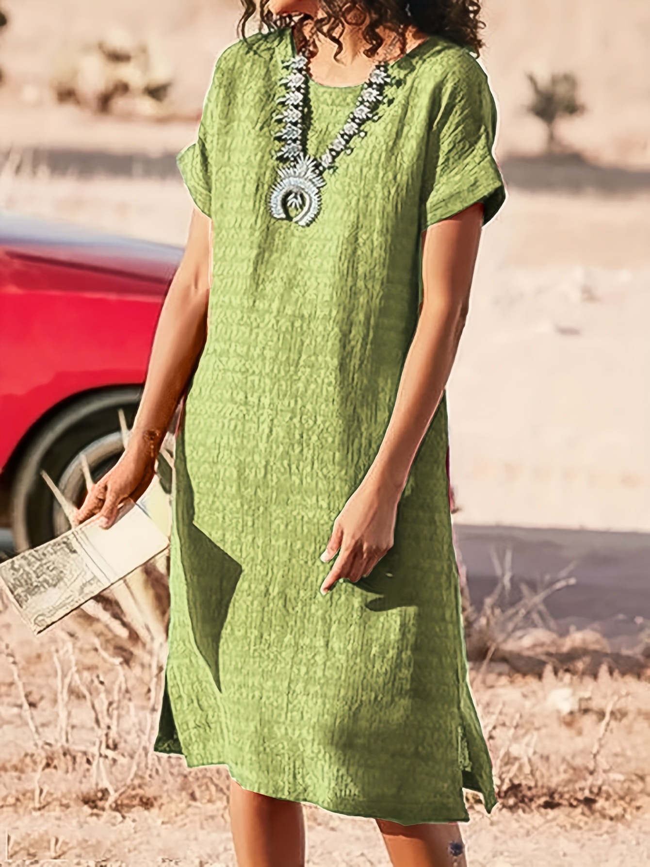 Round Neck Short Sleeve Split Fold Split Dress