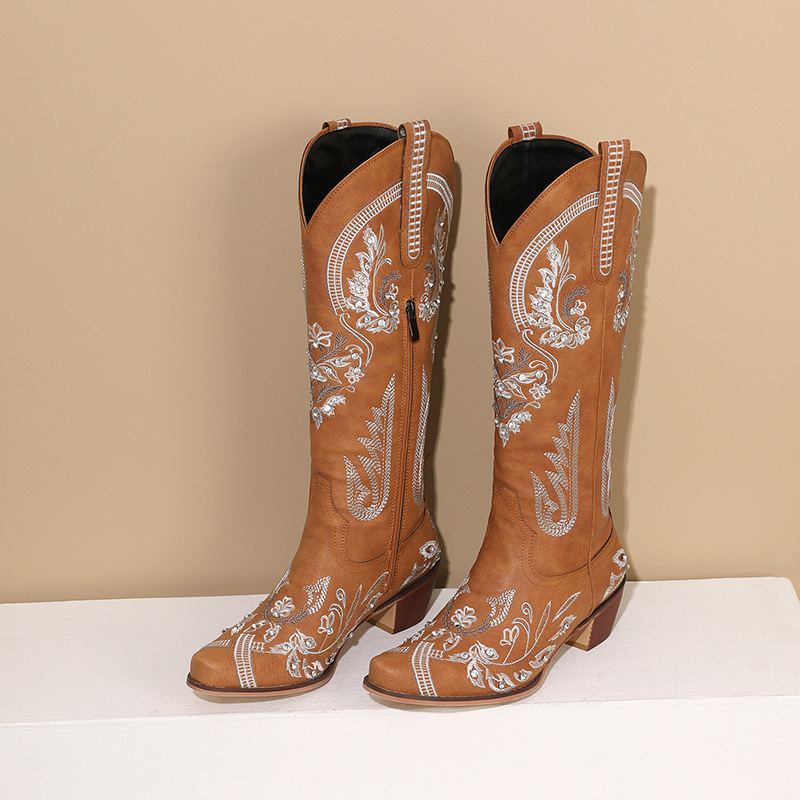 Womens Embroidered Rhinestone Chunky High-Heel Boots