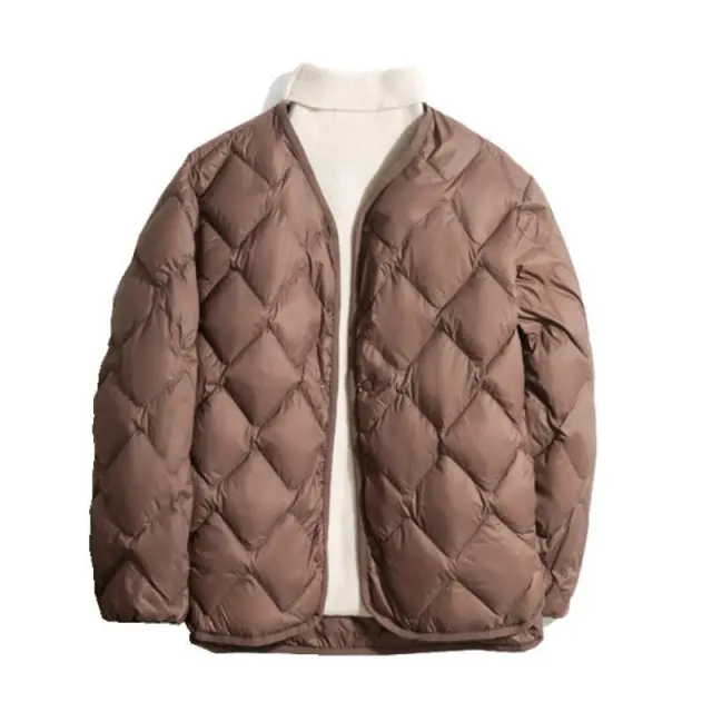 Women's Short Liner Plus Size Diamond Lattice White Duck Down V neck Coat Brown - Shop at LoveMi