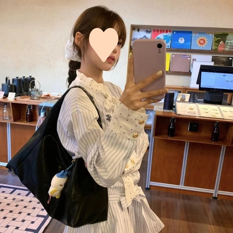 Bow Striped Embroidered Long Sleeve Dress Blue And White - Shop at LoveMi