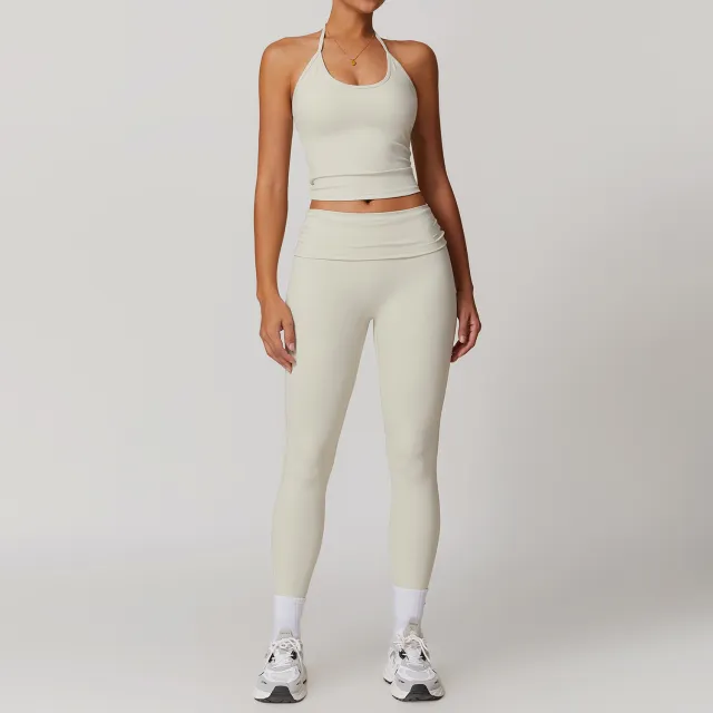 Quick drying Folding High Waist Casual Halter Tight Back Yoga Suit Vest Pants Gray Apricot - Shop at LoveMi