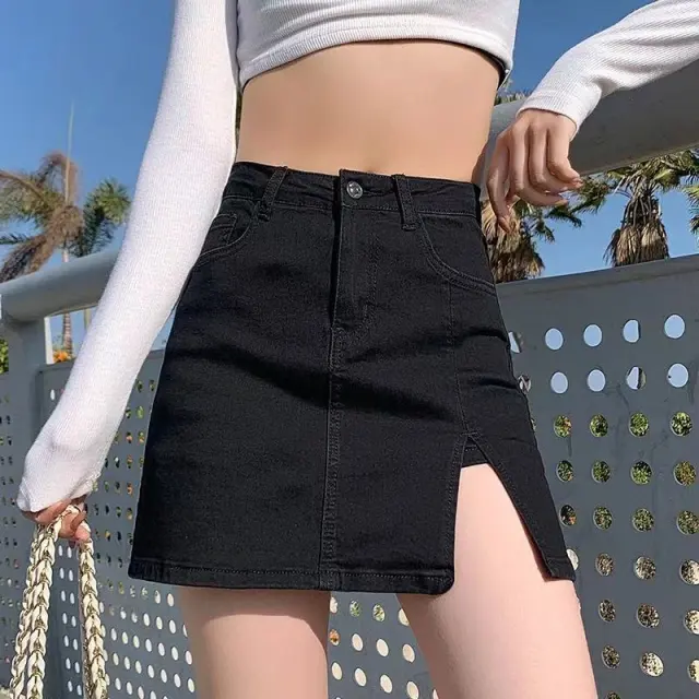 Summer New High Waist A Line Slimming Sexy Slit Skirt Black - Shop at LoveMi