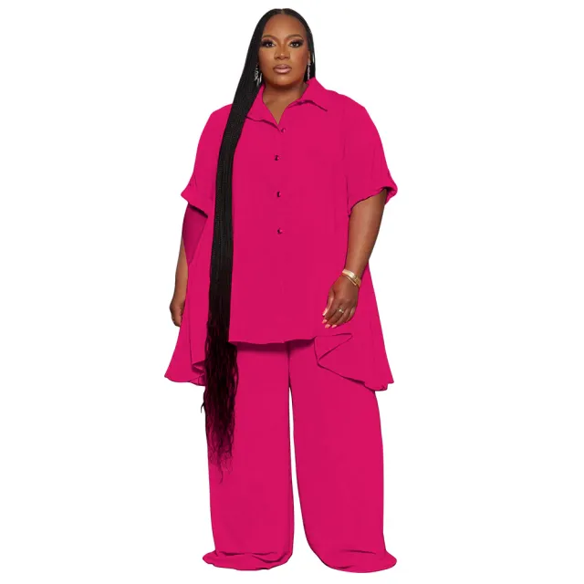 Temperament Short Sleeve Top Wide Leg Pants Suit Rose Red - Shop at LoveMi