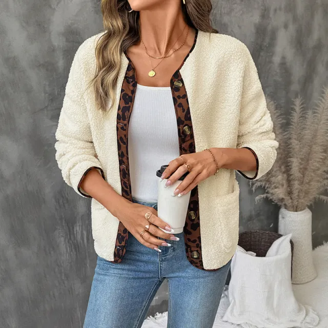 Women's Leopard Print Contrast Color side Cardigan Thickened Polar Fleece Jacket Apricot - Shop at LoveMi