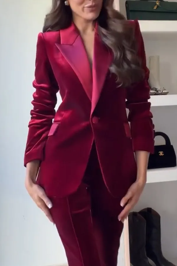 Womens Solid-Color Casual Long-Sleeve Blazer And Pants Set - Red