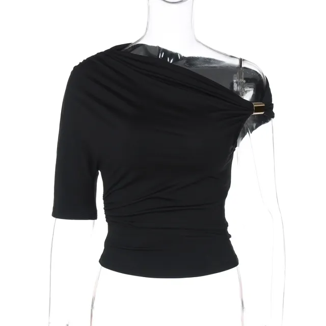Asymmetric Pleated Crop top Tight fitting T shirt Black - Shop at LoveMi