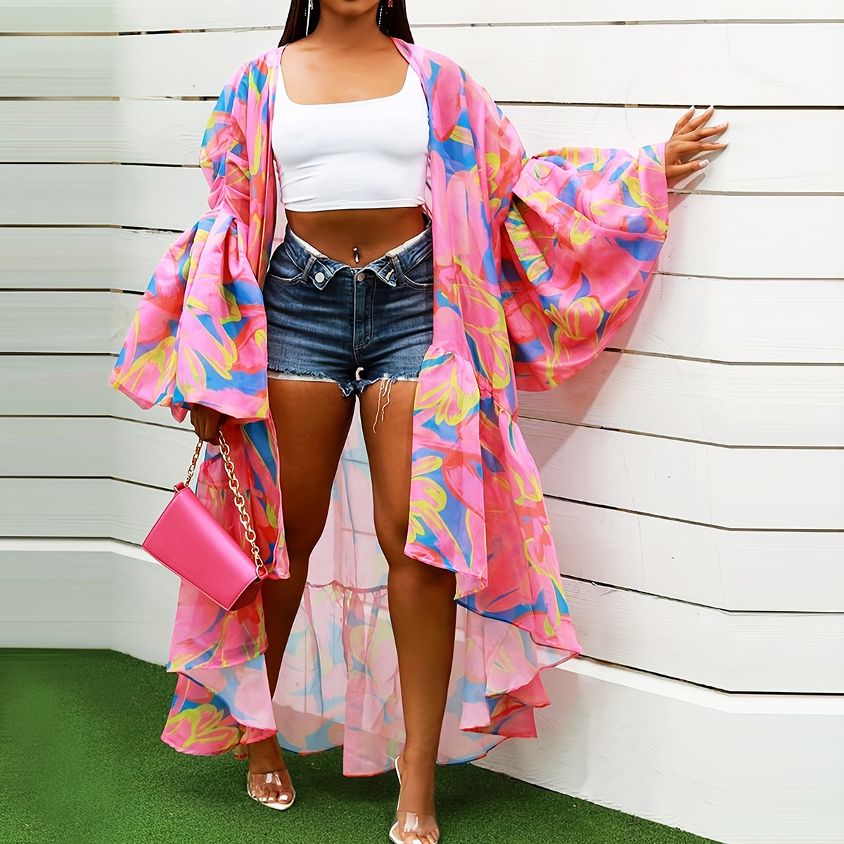 Casual Spring And Autumn Women's Clothing Irregular Long Printed Shawl Cardigan Pink - Shop at LoveMi