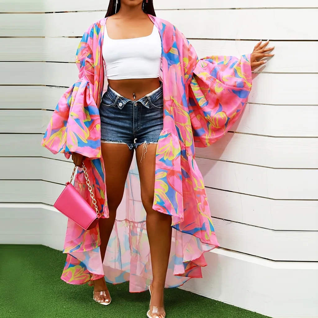 Casual Spring And Autumn Women's Clothing Irregular Long Printed Shawl Cardigan - Pink