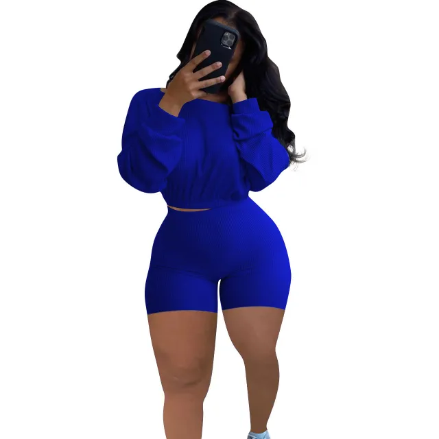 Sunken Stripe Solid Color Off the shoulder Two piece Set Dark Blue - Shop at LoveMi