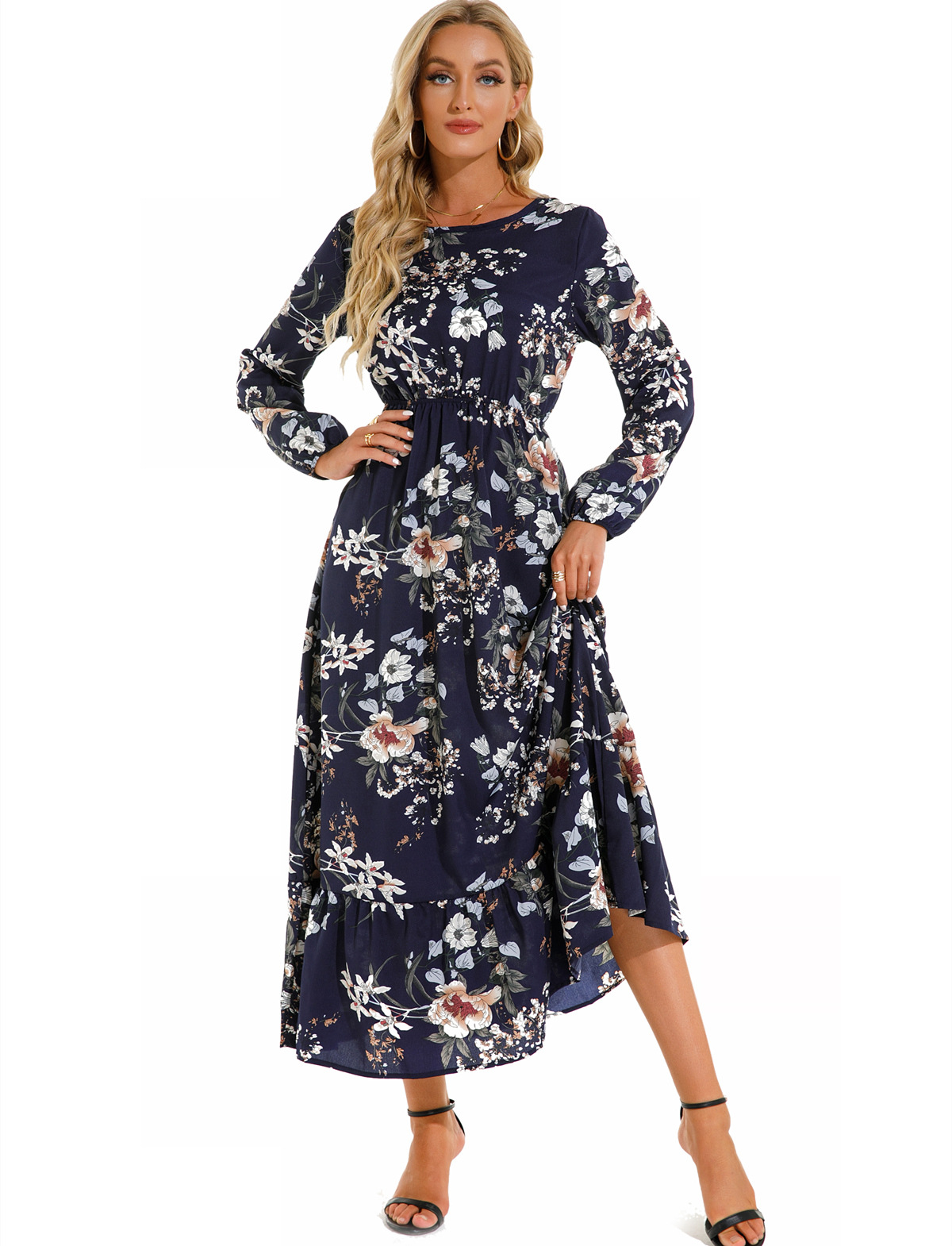 Womens Versatile Round-neck Floral Chiffon Dress