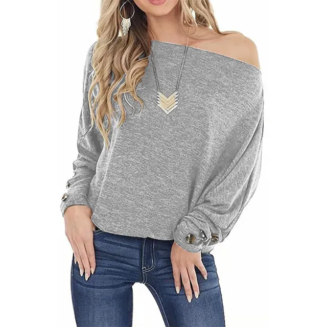 Women's Off shoulder Button Solid Color Long Sleeve Casual T shirt Gray - Shop at LoveMi