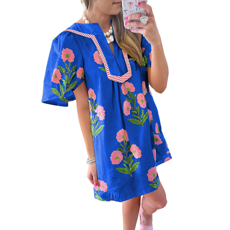 European And American Fashion Flower Printing Puff Sleeve Dress Dark Blue - Shop at LoveMi