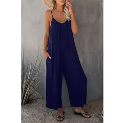 Women's Fashion Solid Colour Pocket Loose Casual Sling Jumpsuit - Dark Blue - View 1