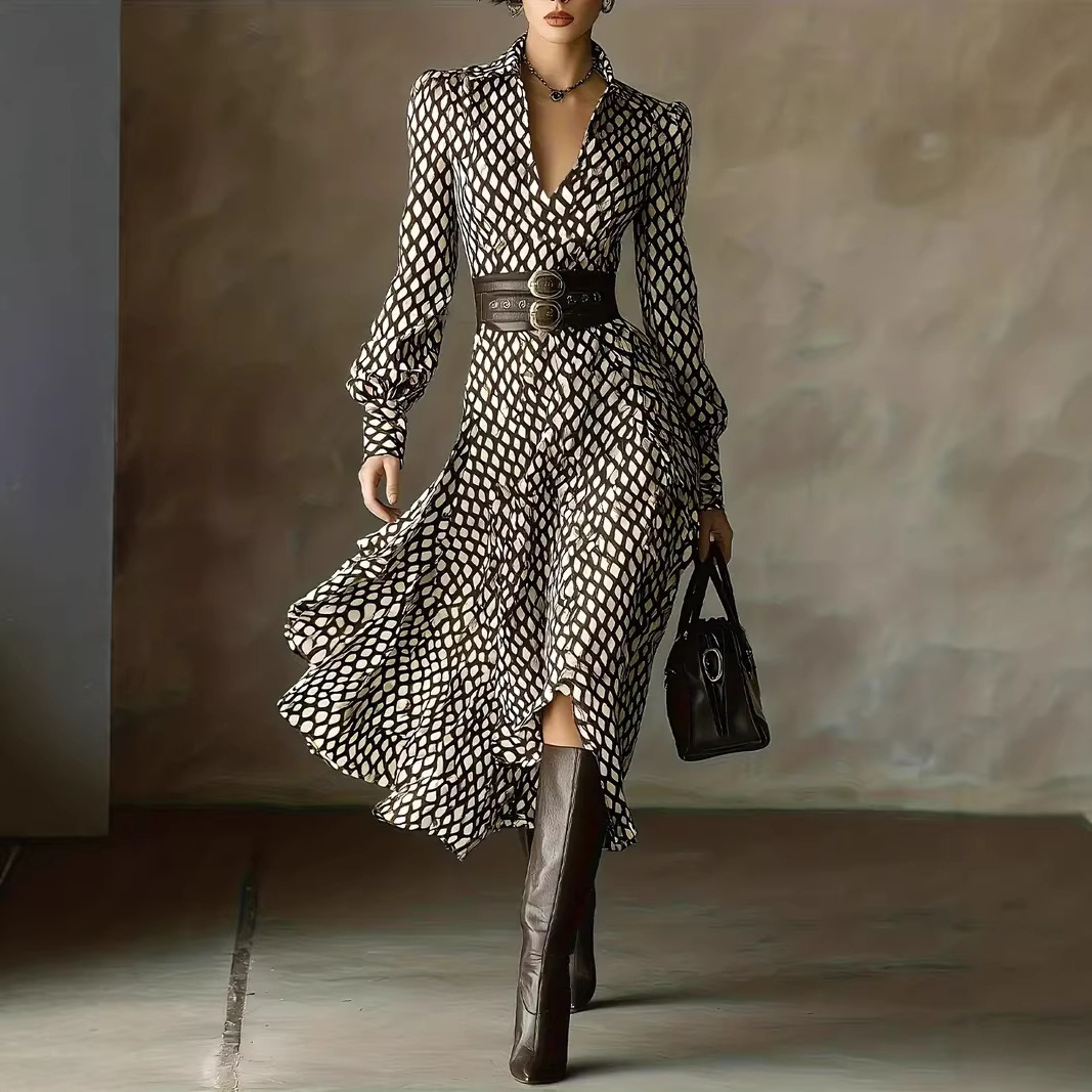 V-neck Printed Long-sleeve Tie-waist Dress