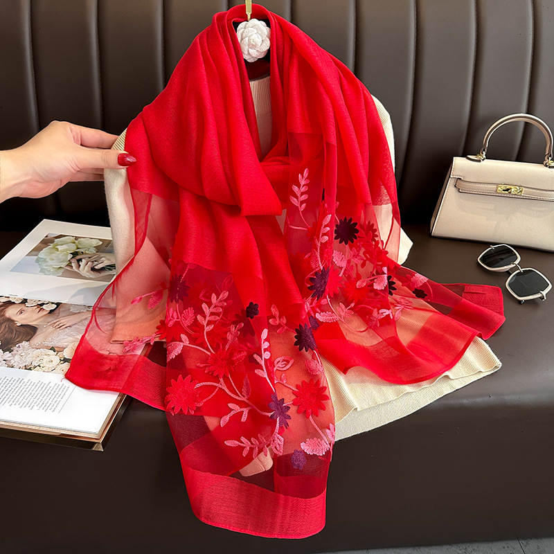 Elegant All-match Embroidered Summer Sunscreen Scarf – Embroidered Fresh Red