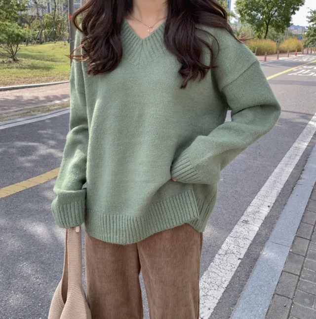 Loose And Lazy Style Solid Color Sweater Top Green - Shop at LoveMi