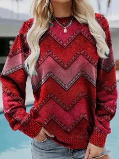 Color Block Denim Printing Casual Long-sleeved Geometric Sweater For Women - Red - View 1