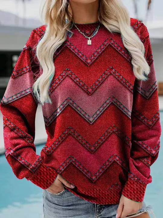 Color Block Denim Printing Casual Long sleeved Geometric Sweater For Women Red - Shop at LoveMi